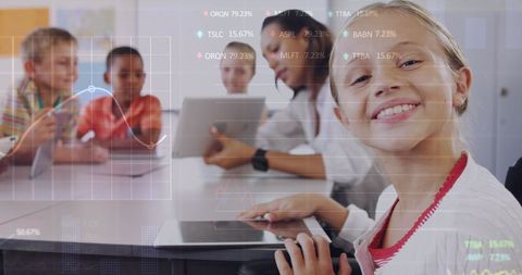 Smiling Girl Using Tablet in Classroom with Stock Market Data Overlay - Download Free Stock Images Pikwizard.com