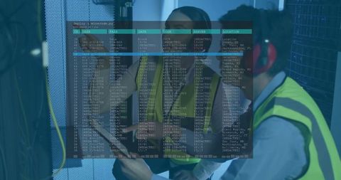 Technicians in server room reviewing server data on clipboard