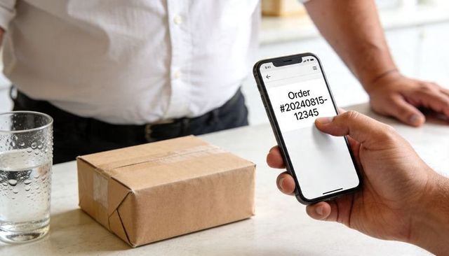 Customer holding smartphone showing order number at pickup counter with parcel and glass
