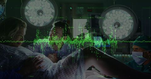 Mother in labor with digital financial overlay concept