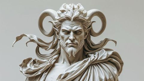 Detailed stone satan bust of mythical horned male deity in gallery