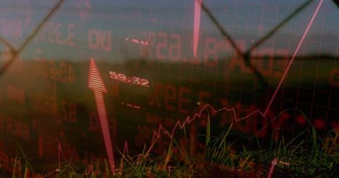 Farmland showing financial chart overlay with rising arrow and neon analytics