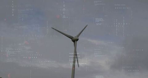 Wind Turbine Generating Renewable Energy with Futuristic Digital Data Overlay