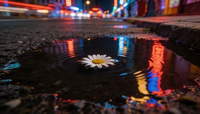 Floating white daisy drifting in puddle at city curb with vibrant neon light reflections