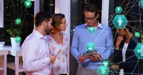 Business Team Analyzing Network Connections with Technology Interface