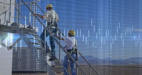 Technicians climbing industrial stairs wearing safety harnesses with financial overlay