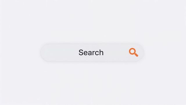 Minimalist rounded search bar with orange magnifier and soft shadow UI mockup placeholder