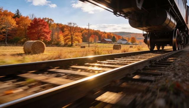 Sunlit autumn freight train rolling past hay bales and farmhouse, low track perspective