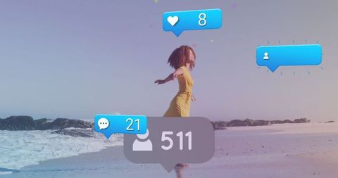 Woman enjoying beach with social media concept icons