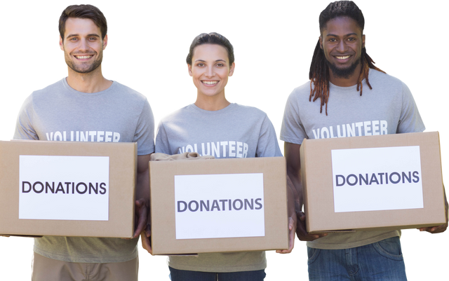 Transparent Image of Happy Volunteers Holding Donation Boxes Outdoors - Download Free Stock Videos Pikwizard.com