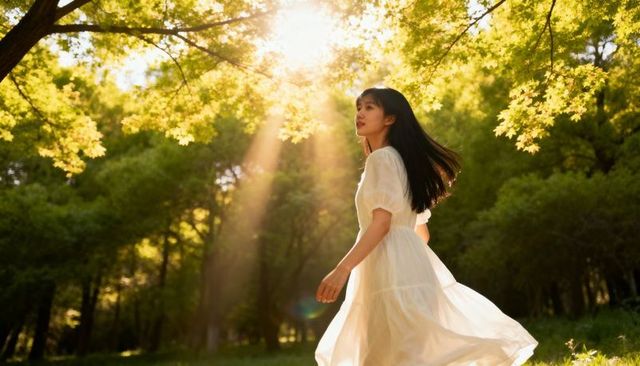 Sunlit dancing asian woman in flowing white dress in forest clearing with golden sunbeams