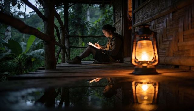 Woman journaling by lantern on wet jungle veranda at dusk — outdoor writing retreat