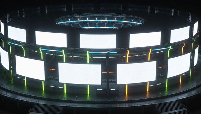 Glowing circular led stage with blank white screens, neon light columns, reflective floor