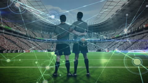 Rugby Players with Digital Data Overlay in Stadium