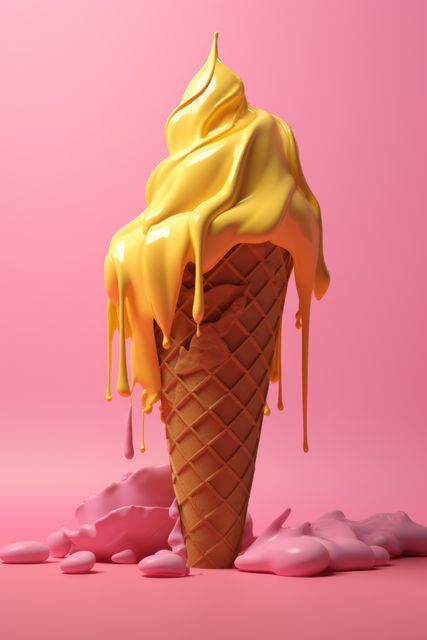 Depicting a melting yellow ice cream in a waffle cone against a bright pink background. Perfect for summer-themed promotions, food blogs, social media content, or advertisements highlighting cool treats and indulgences.