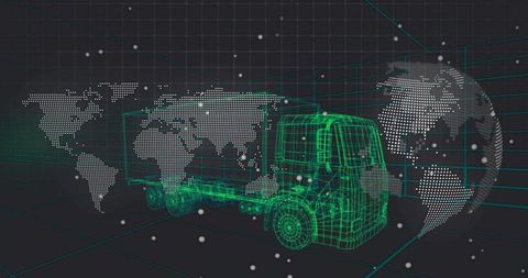 Neon wireframe semi truck navigating global supply chain network, holographic logistics