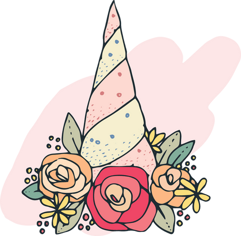 Transparent floral unicorn horn with roses and foliage