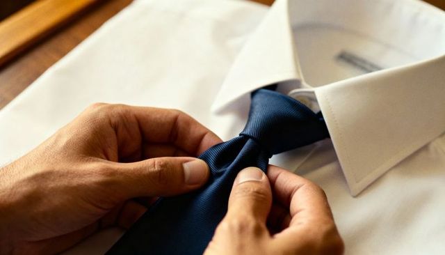 Adjusting navy silk tie on crisp white shirt collar closeup hands tying windsor knot