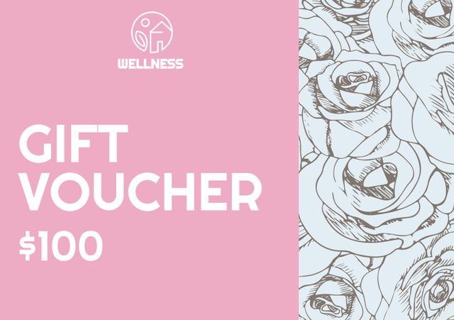 Elegant wellness gift voucher template features a calming pink background and a sophisticated rose pattern. Perfect for spa services, beauty treatments, or self-care products, this voucher template can be customized for various promotions. Ideal for businesses looking to offer an aesthetically pleasing gift card option to their customers.