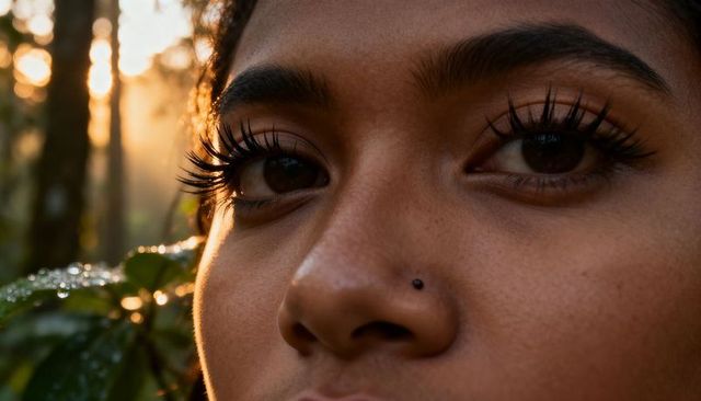 Sunlit closeup of eyelash extensions and nose stud with dew-covered leaves and bokeh