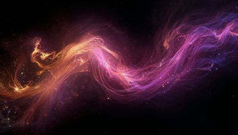 Flowing Golden-Magenta Nebula Ribbon Stretching Across Deep Space Luminous Gas Wisps