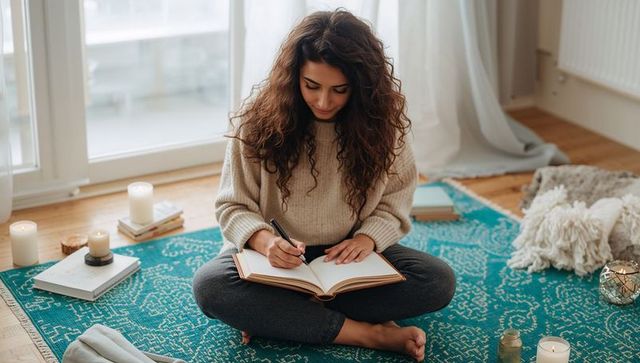 Woman journaling on teal rug surrounded by candles and cozy decor near sunlit window