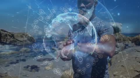 Hiker Using Augmented Reality with Futuristic Globe Visualization