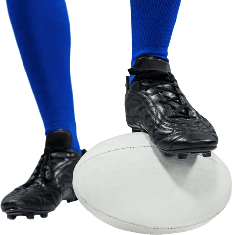 Transparent rugby player kicking ball with blue socks