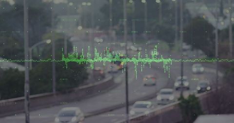 Green audio waveform overlay visualizing sound levels over urban highway traffic noise