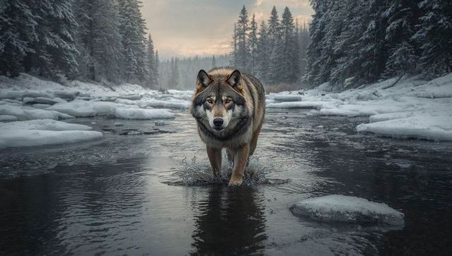 Gray wolf wading through frozen river among snow-covered pines at sunrise, wild predator