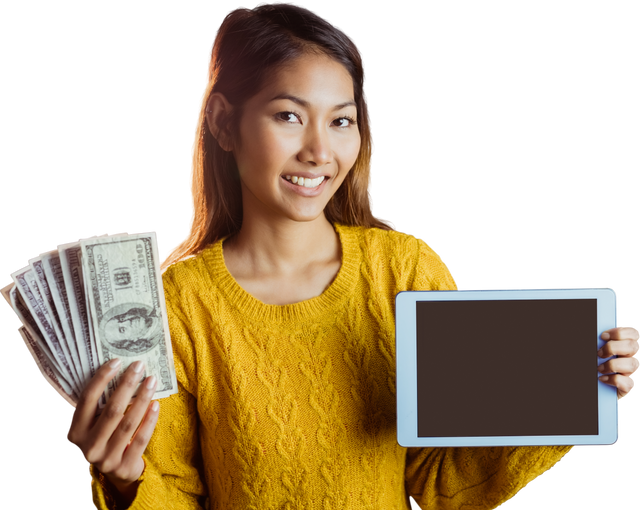 Smiling Woman Holding Tablet and Banknotes on Transparent Background - Download Free Stock Videos Pikwizard.com