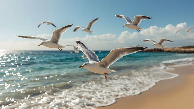 Seagulls Gliding Over Sandy Beach, Capturing Coastal Freedom