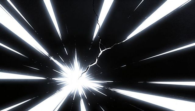 Radial light burst shattering glass with jagged crack cutting through black void