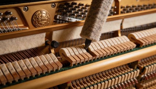 Adjusting upright piano hammers with felt voicing tool on action mechanism
