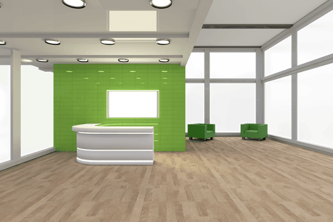 transparent office interior with green walls and reception desk - Download Free Stock Videos Pikwizard.com