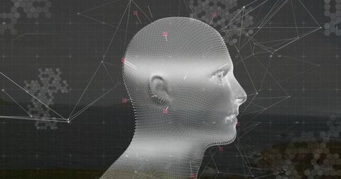 Digital 3D Head Mesh Floating Over Coastal Grid Connecting Neural Network Nodes