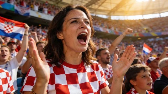 Croatian fans cheering in stadium wearing red white checkered jerseys raising arms and waving flags