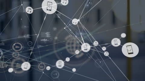 Digital Network of Icon Links Over Urban Background