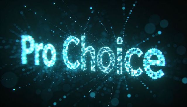 Pro Choice glowing particle text forming in 3D digital space with cyan neon trails