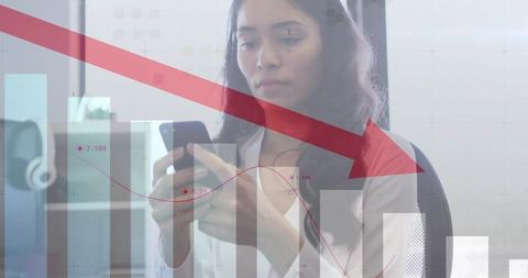 Businesswoman Analyzing Falling Market Trends on Smartphone