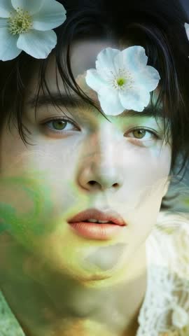 Dreamlike portrait video of ethereal face with swirling color washes and white blossom