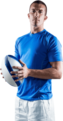 Transparent confident rugby player holding football ready for action