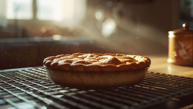 Golden-Brown Pie Cooling on Metal Rack in Warm Kitchen