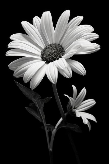 This close-up black and white photograph of daisy blossoms highlights the elegance and simplicity of nature. The contrasting black background emphasizes the delicate petals, making it a striking image for artistic, floral, or nature-themed projects. Perfect for print, wall art, botanical studies, greeting cards, website banners, and minimalist decor.