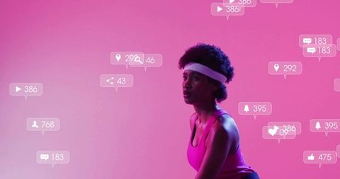 Woman Engaging Socially While Exercising in Studio with Floating Icons
