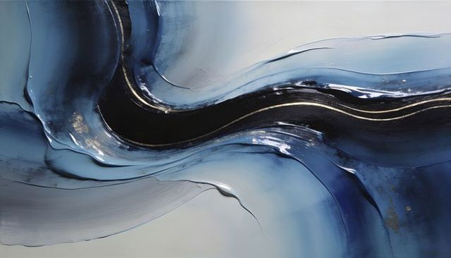 Navy flowing abstract palette-knife painting with black ridge and metallic gold flecks