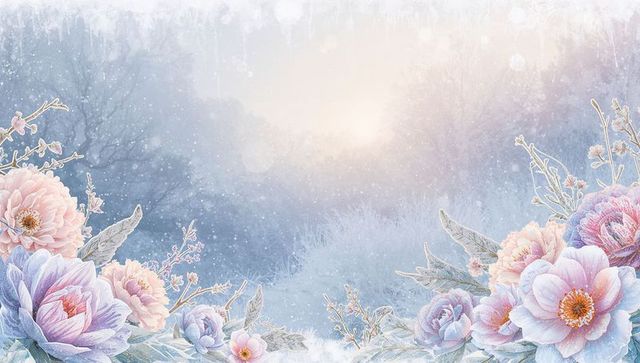 Pastel peony and rose border blooming at frosted dawn with soft bokeh glow winter meadow