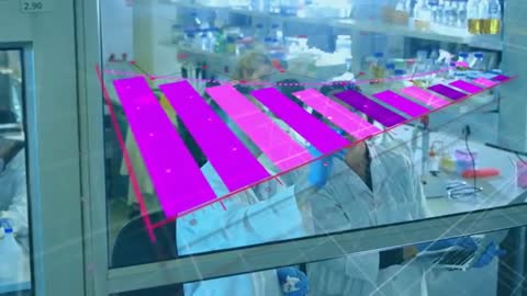 Researchers analyzing holographic 3D bar chart while pointing and interacting over lab bench