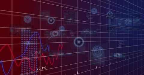 Futuristic Holographic Analytics Dashboard with Neon Financial Graphs and HUD Data Rings