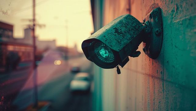 Weathered surveillance camera on textured wall at twilight